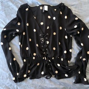 H&M Black and White Polka Dot Lace Up Top